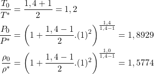 \begin{align*}\frac{T_0}{T^*} &= \frac{1,4+1}{2} = 1,2 \\\frac{P_0}{P^*} &= \left(1 + \frac{1,4-1}{2}.(1)^2 \right)^{\frac{1,4}{1,4-1}} = 1,8929 \\\frac{\rho_0}{\rho^*} &= \left(1 + \frac{1,4-1}{2}.(1)^2 \right)^{\frac{1,0}{1,4-1}} = 1,5774 \\\end{align*}