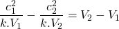 \begin{equation*}\frac{c_1^2}{k.V_1} - \frac{c_2^2}{k.V_2} = V_2-V_1\end{equation*}